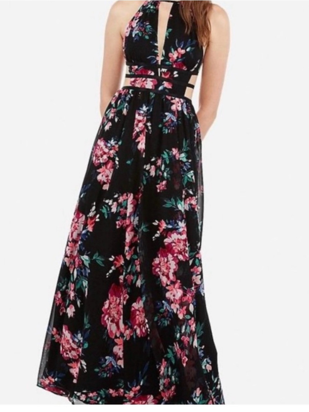 Express Black Halter Maxi Dress with Pink Floral Print
